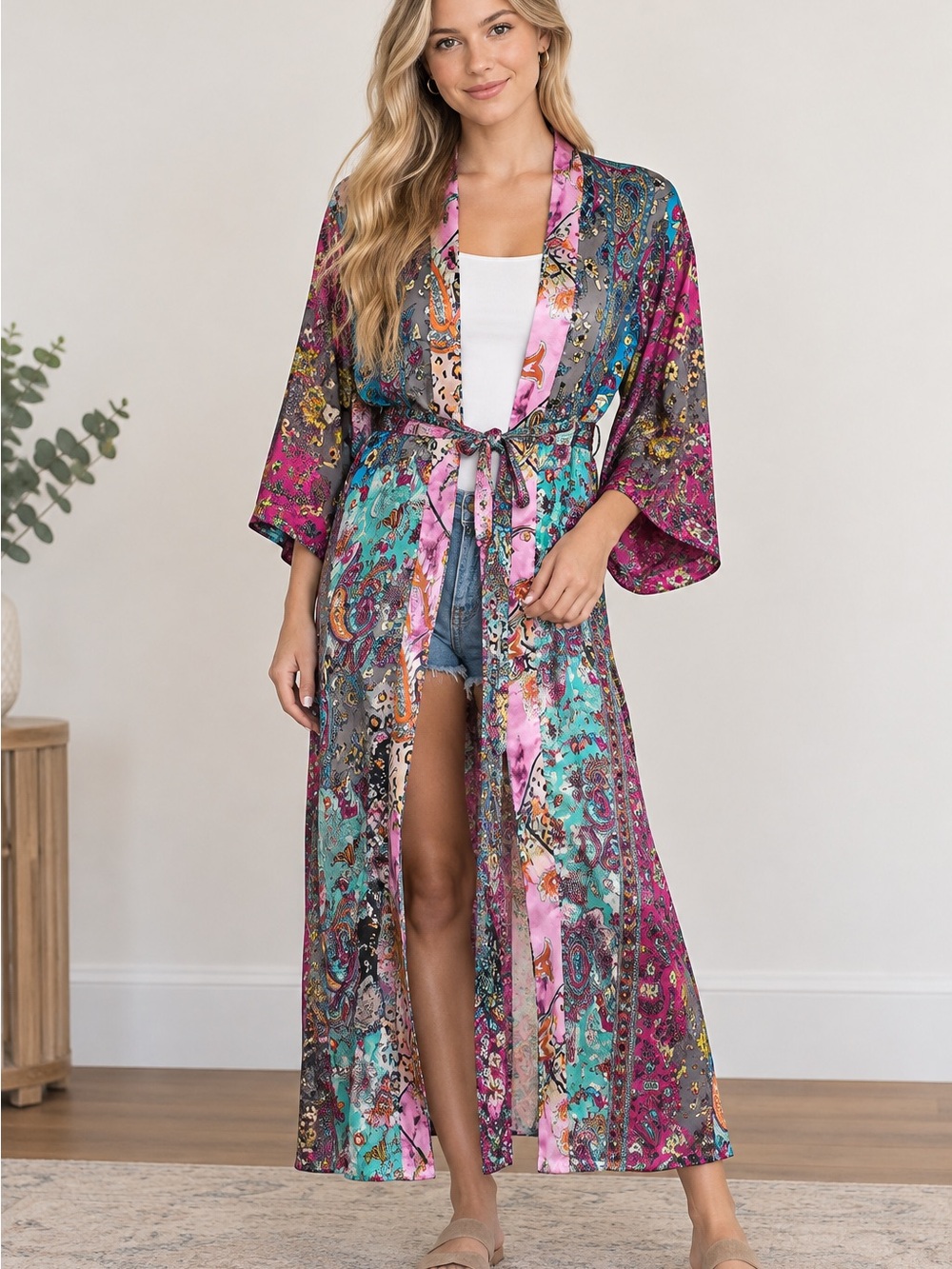 Women's Long Sleeve Paisley Print Kimono Robe in Multi-Color 70% Silk